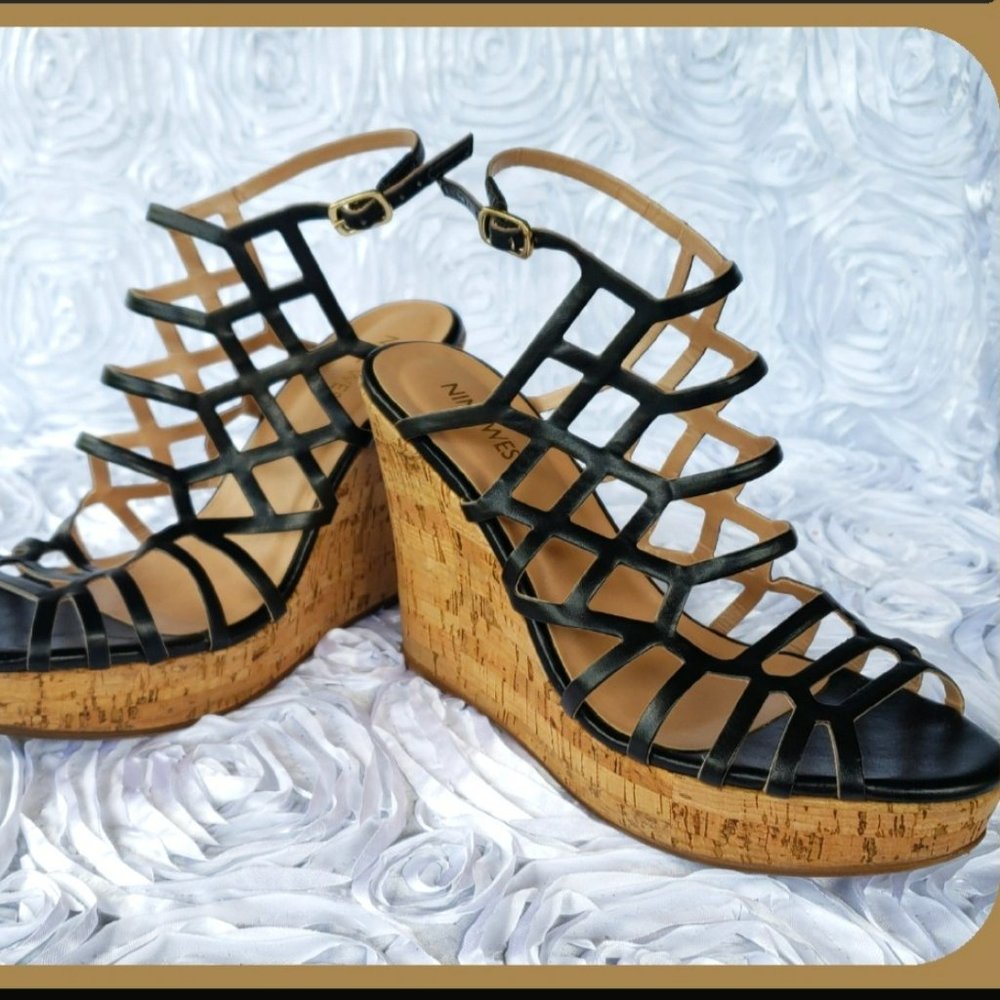 Nine West Black Leather Sabrina Cork Caged Style Wedge Heels Women's Size 7.5 M